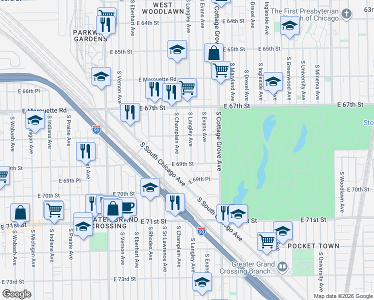 map of restaurants, bars, coffee shops, grocery stores, and more near 6823 South Champlain Avenue in Chicago