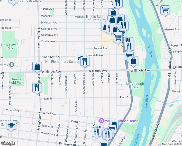 map of restaurants, bars, coffee shops, grocery stores, and more near 650 Grand Avenue in Aurora