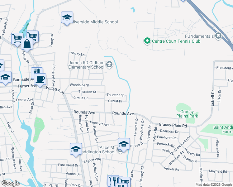 map of restaurants, bars, coffee shops, grocery stores, and more near 126 Thurston Street in East Providence