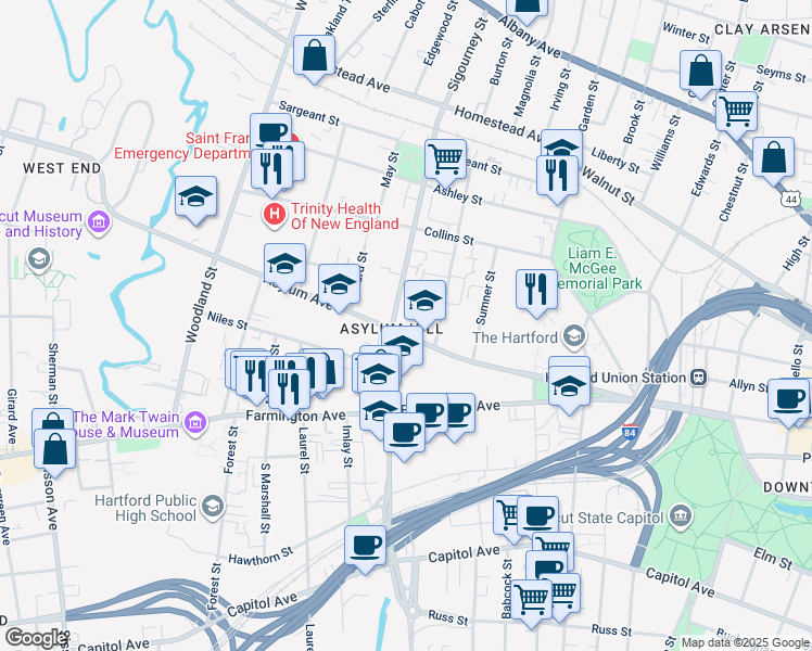 map of restaurants, bars, coffee shops, grocery stores, and more near 862 Asylum Avenue in Hartford