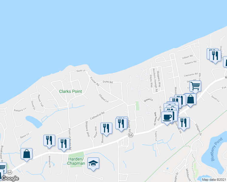 map of restaurants, bars, coffee shops, grocery stores, and more near 8 Isaiah Dunster Lane in Brewster