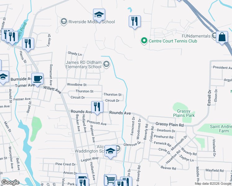 map of restaurants, bars, coffee shops, grocery stores, and more near 126 Thurston Street in East Providence