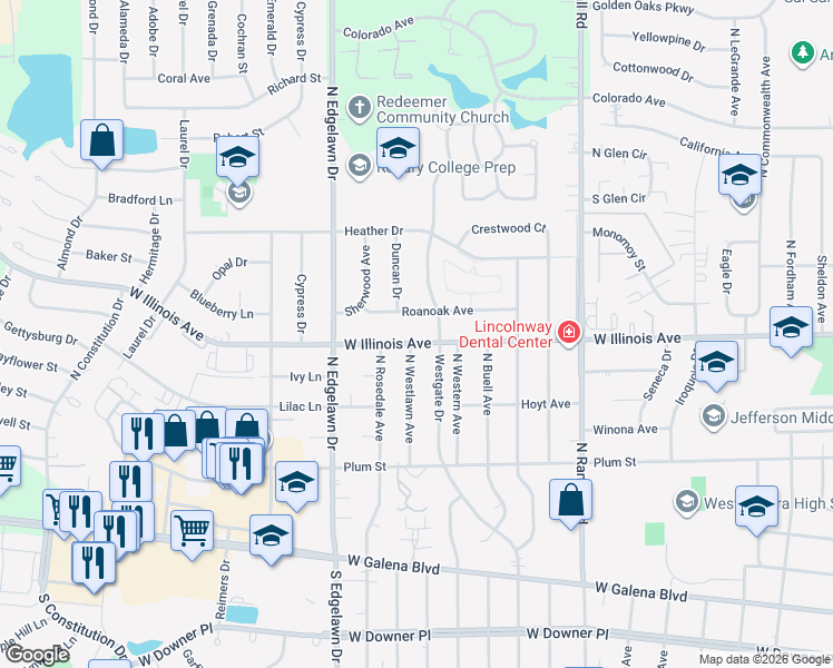 map of restaurants, bars, coffee shops, grocery stores, and more near 1641 West Illinois Avenue in Aurora