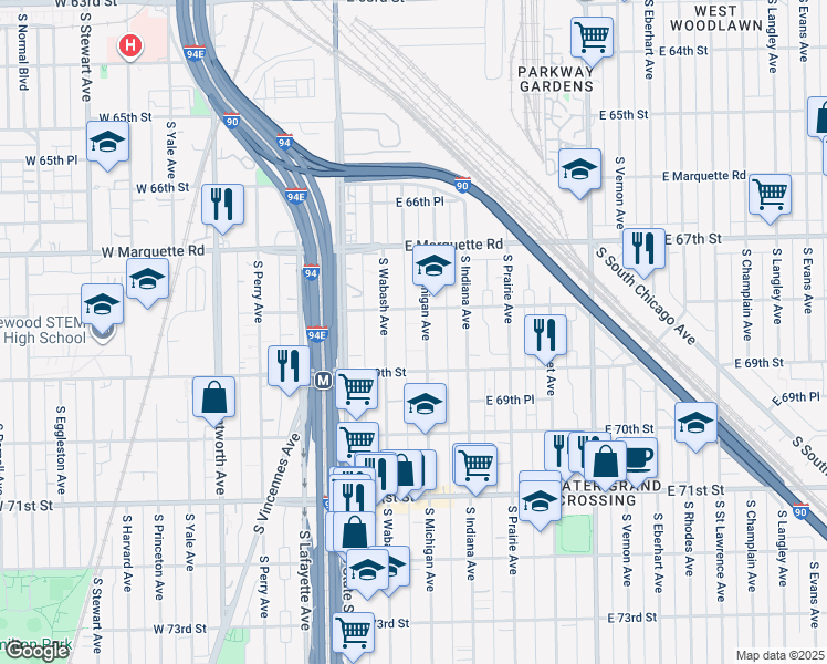 map of restaurants, bars, coffee shops, grocery stores, and more near 6820 South Michigan Avenue in Chicago