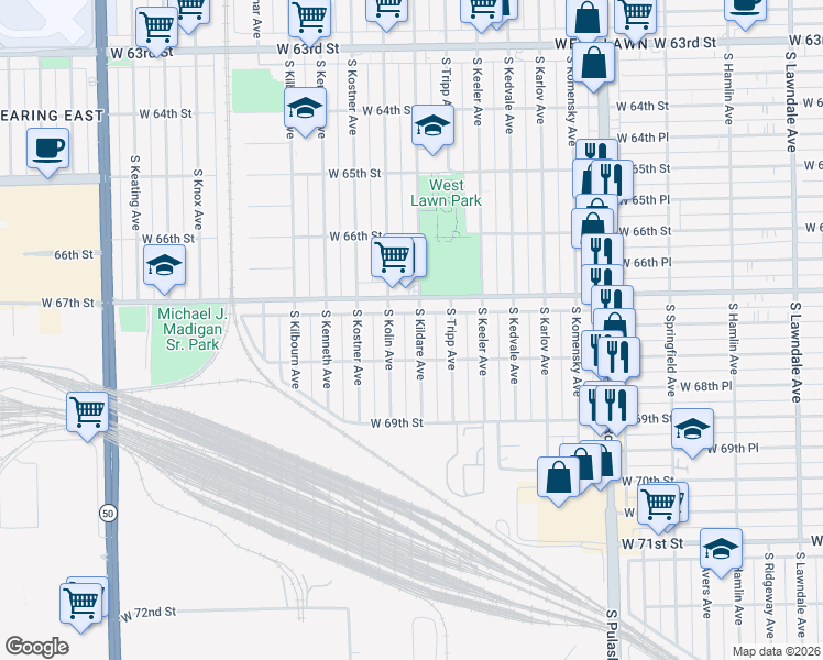 map of restaurants, bars, coffee shops, grocery stores, and more near 6727 South Kolin Avenue in Chicago