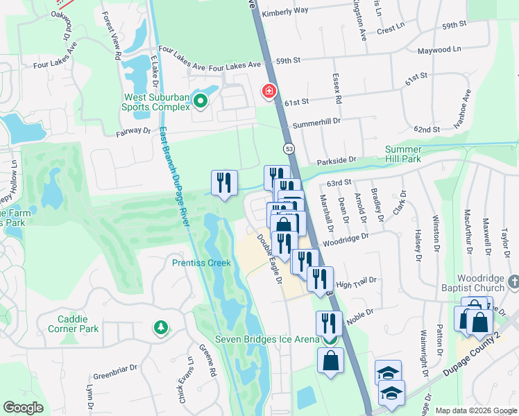 map of restaurants, bars, coffee shops, grocery stores, and more near 3555 Bunker Drive in Woodridge