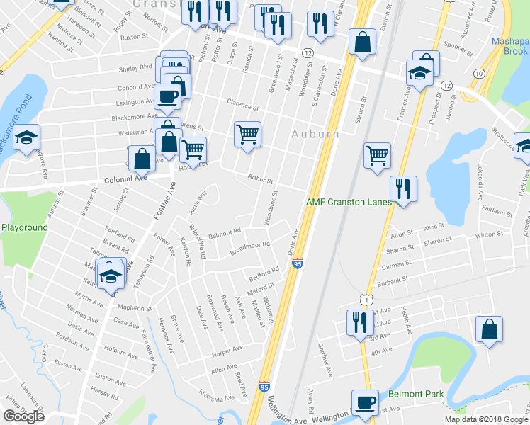 map of restaurants, bars, coffee shops, grocery stores, and more near 343 Woodbine Street in Cranston