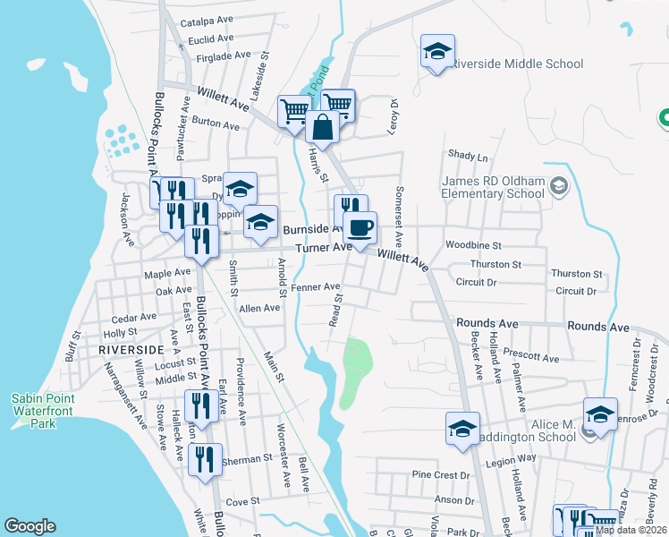 map of restaurants, bars, coffee shops, grocery stores, and more near 149 Dorr Ave in East Providence