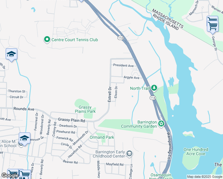 map of restaurants, bars, coffee shops, grocery stores, and more near 104 Estrell Drive in East Providence