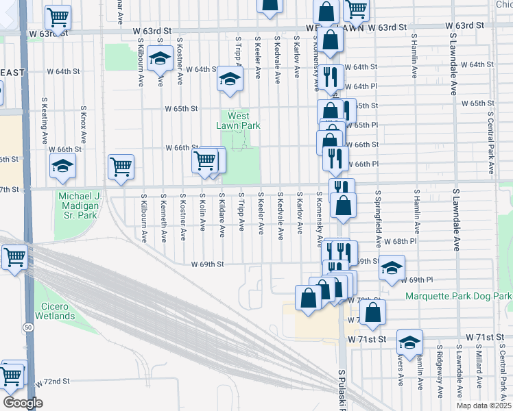 map of restaurants, bars, coffee shops, grocery stores, and more near 6730 South Keeler Avenue in Chicago