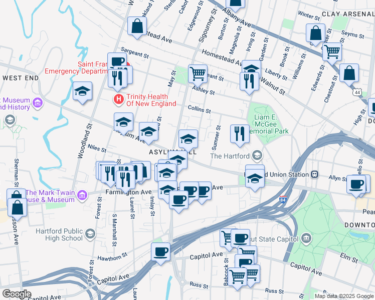 map of restaurants, bars, coffee shops, grocery stores, and more near 842 1/2 Asylum Avenue in Hartford
