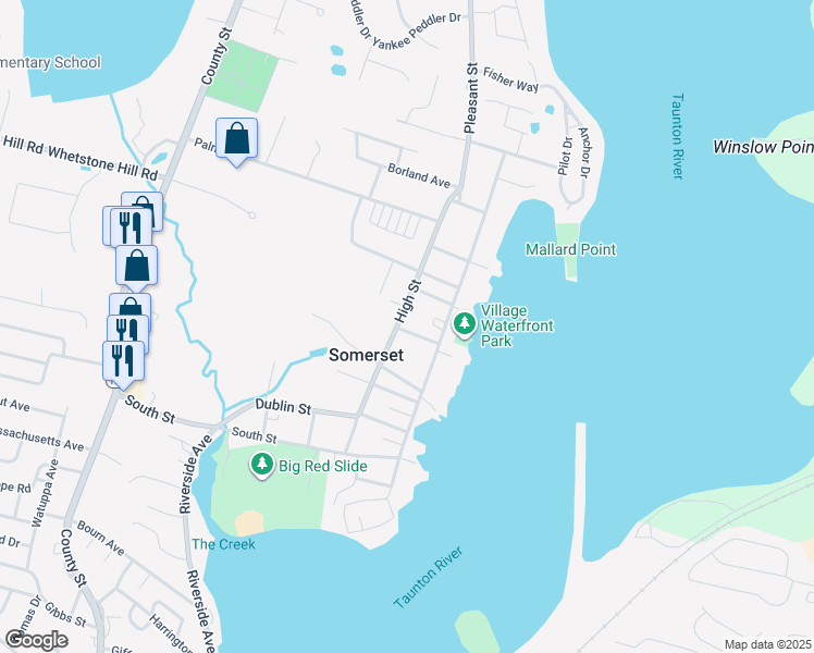 map of restaurants, bars, coffee shops, grocery stores, and more near 74 School Street in Somerset