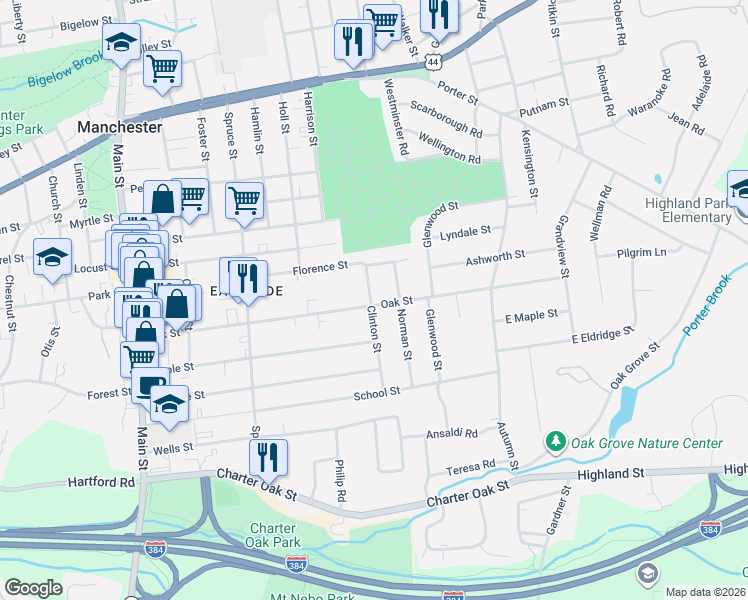 map of restaurants, bars, coffee shops, grocery stores, and more near 211 Oak Street in Manchester