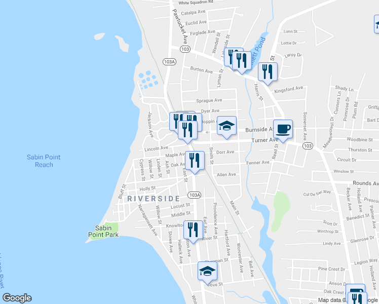 map of restaurants, bars, coffee shops, grocery stores, and more near 3 Maple Avenue in East Providence