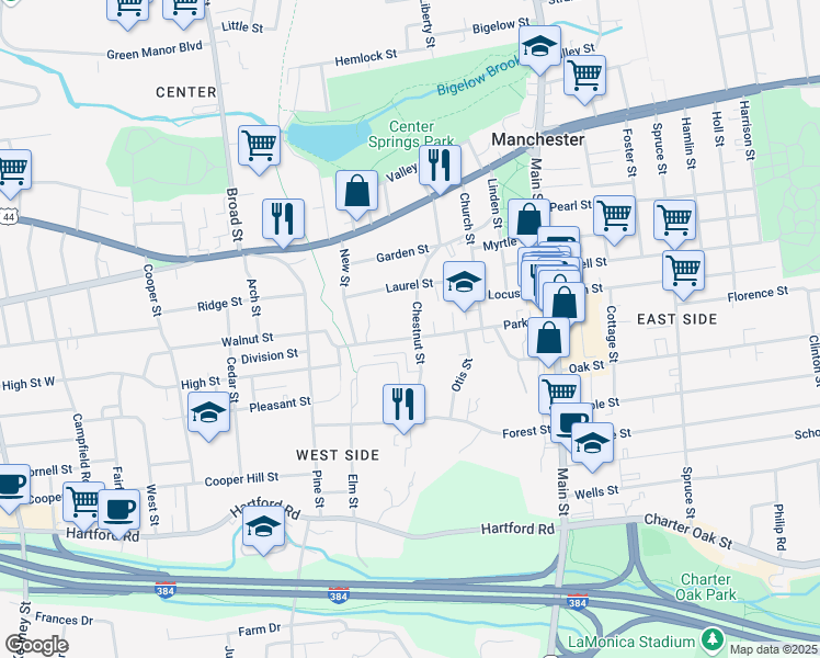 map of restaurants, bars, coffee shops, grocery stores, and more near 113 Park Street in Manchester
