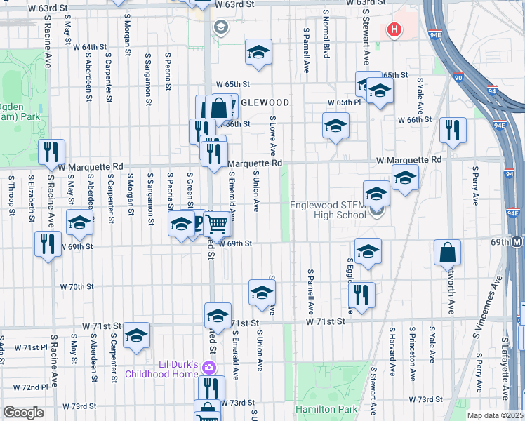 map of restaurants, bars, coffee shops, grocery stores, and more near 6805 South Union Avenue in Chicago