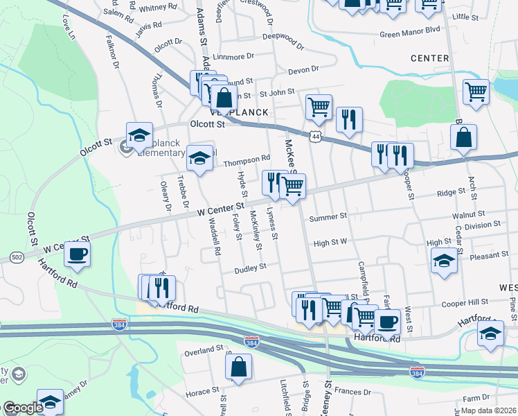 map of restaurants, bars, coffee shops, grocery stores, and more near 226 West Center Street in Manchester