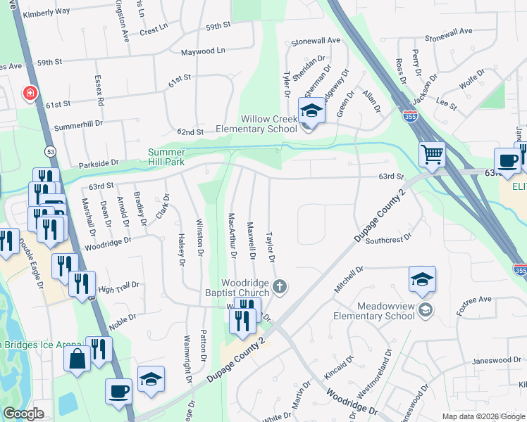 map of restaurants, bars, coffee shops, grocery stores, and more near 6409 Maxwell Drive in Woodridge