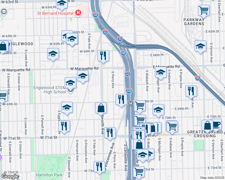 map of restaurants, bars, coffee shops, grocery stores, and more near 6812 South Perry Avenue in Chicago