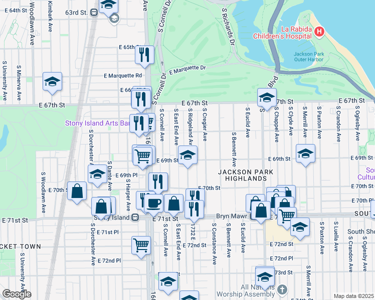 map of restaurants, bars, coffee shops, grocery stores, and more near 6831 South East End Avenue in Chicago