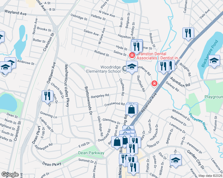 map of restaurants, bars, coffee shops, grocery stores, and more near 183 Woodstock Lane in Cranston
