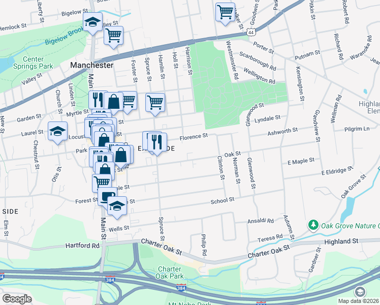 map of restaurants, bars, coffee shops, grocery stores, and more near 151 Oak Street in Manchester