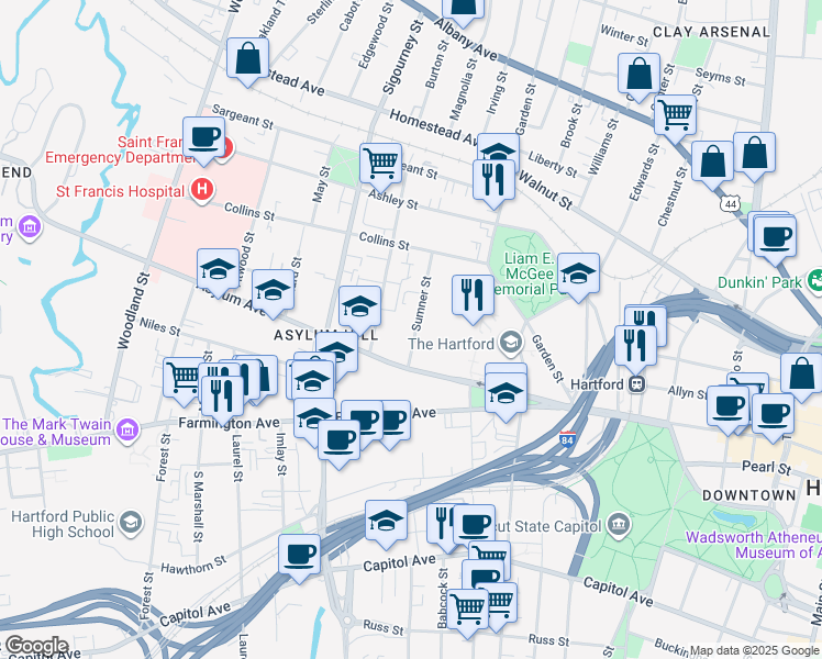 map of restaurants, bars, coffee shops, grocery stores, and more near 33 Sumner Street in Hartford