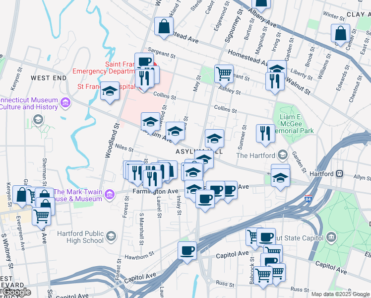 map of restaurants, bars, coffee shops, grocery stores, and more near 896 Asylum Avenue in Hartford