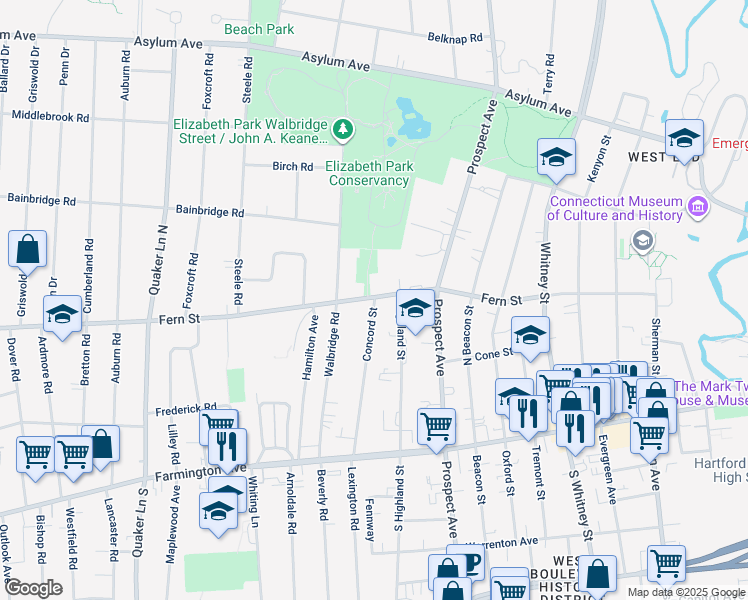 map of restaurants, bars, coffee shops, grocery stores, and more near 71 Highland Street in West Hartford