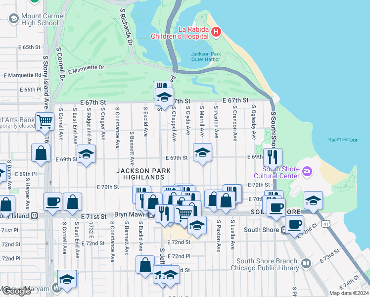 map of restaurants, bars, coffee shops, grocery stores, and more near 6832 South Clyde Avenue in Chicago
