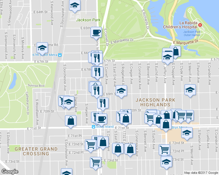 map of restaurants, bars, coffee shops, grocery stores, and more near 6832 South Cornell Avenue in Chicago