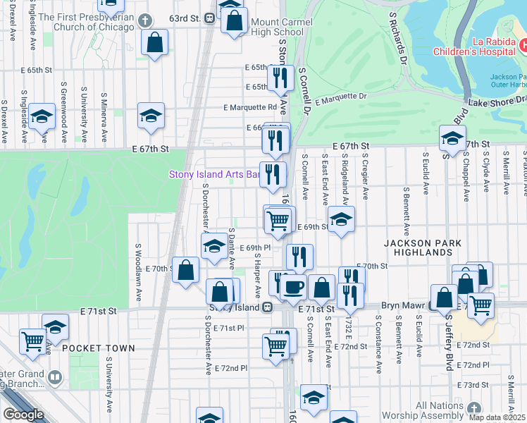 map of restaurants, bars, coffee shops, grocery stores, and more near 6835 South Harper Avenue in Chicago