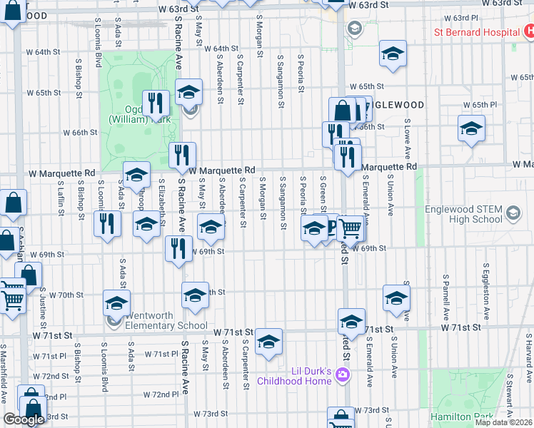 map of restaurants, bars, coffee shops, grocery stores, and more near 6800 South Morgan Street in Chicago