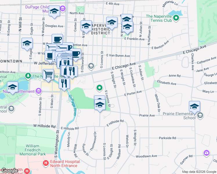 map of restaurants, bars, coffee shops, grocery stores, and more near 324 South Loomis Street in Naperville