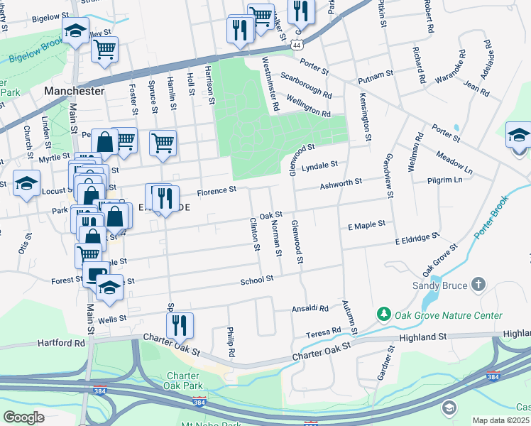 map of restaurants, bars, coffee shops, grocery stores, and more near 225 Oak Street in Manchester