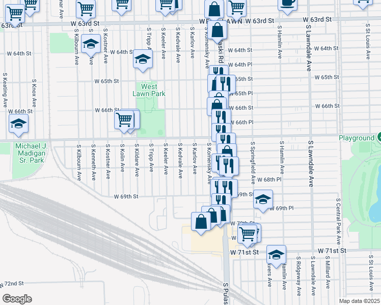 map of restaurants, bars, coffee shops, grocery stores, and more near 6727 South Kedvale Avenue in Chicago