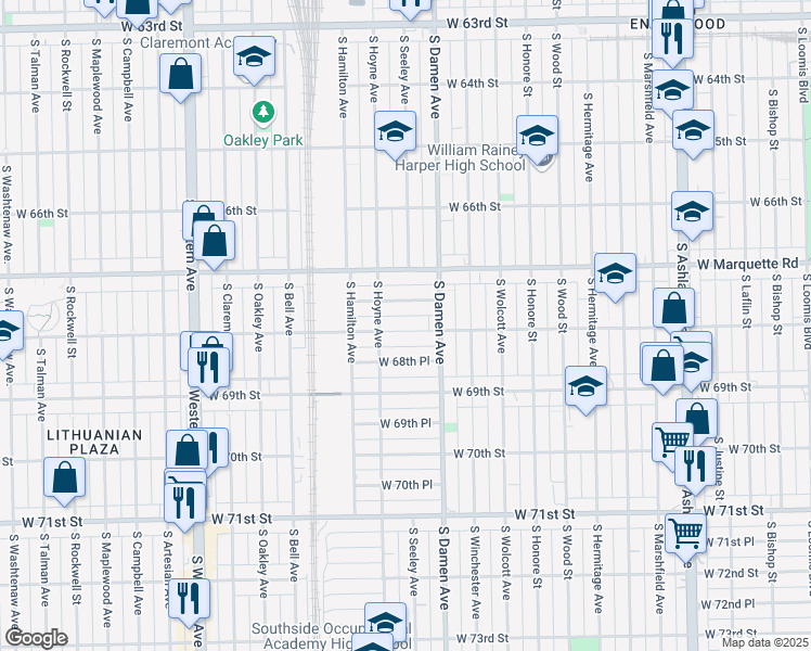 map of restaurants, bars, coffee shops, grocery stores, and more near 2032 West 68th Street in Chicago