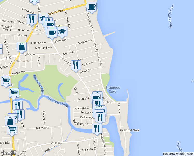 map of restaurants, bars, coffee shops, grocery stores, and more near 37 Chiswick Road in Cranston