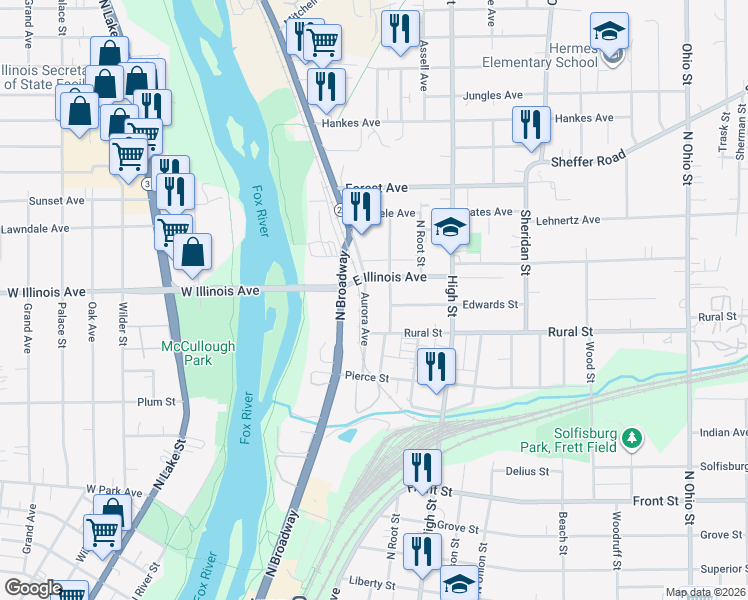 map of restaurants, bars, coffee shops, grocery stores, and more near 679 Aurora Ave in Aurora