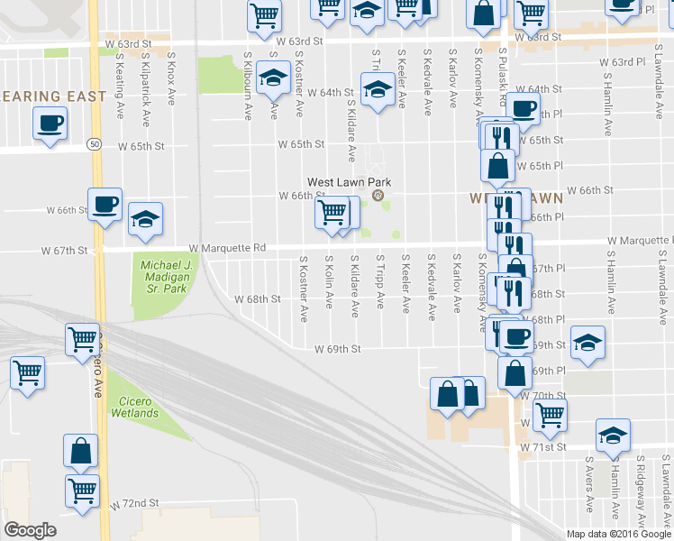 map of restaurants, bars, coffee shops, grocery stores, and more near 6727 South Kolin Avenue in Chicago
