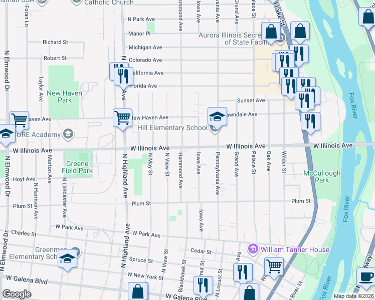 map of restaurants, bars, coffee shops, grocery stores, and more near 418 West Illinois Avenue in Aurora