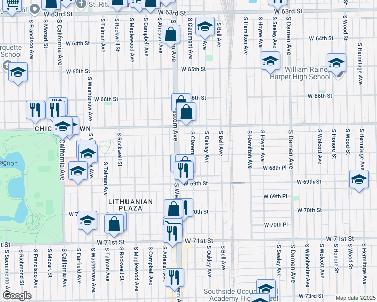 map of restaurants, bars, coffee shops, grocery stores, and more near 6752 South Claremont Avenue in Chicago
