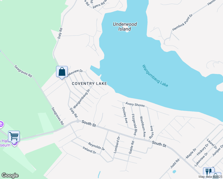 map of restaurants, bars, coffee shops, grocery stores, and more near 162 Beebe Farms Road in Coventry