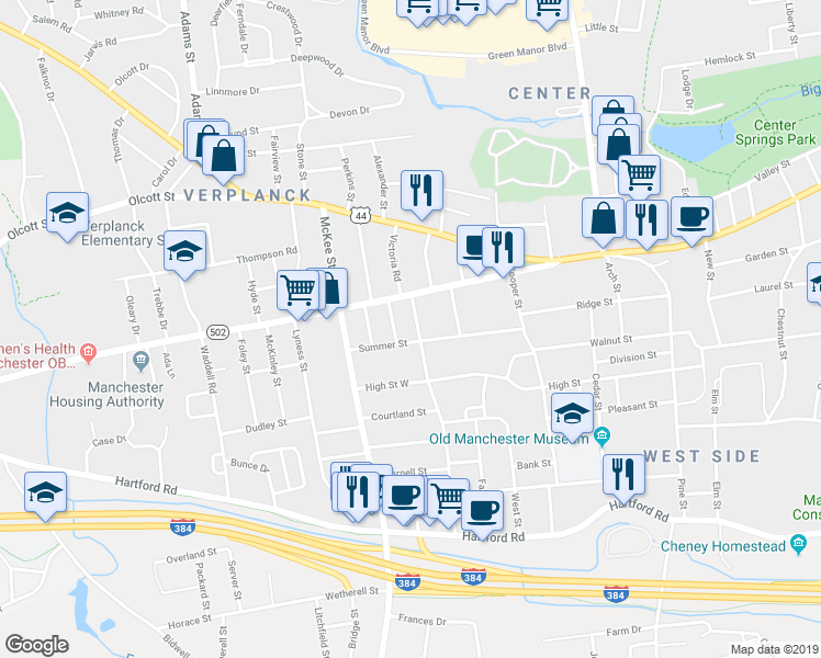 map of restaurants, bars, coffee shops, grocery stores, and more near 26 Emerson Street in Manchester