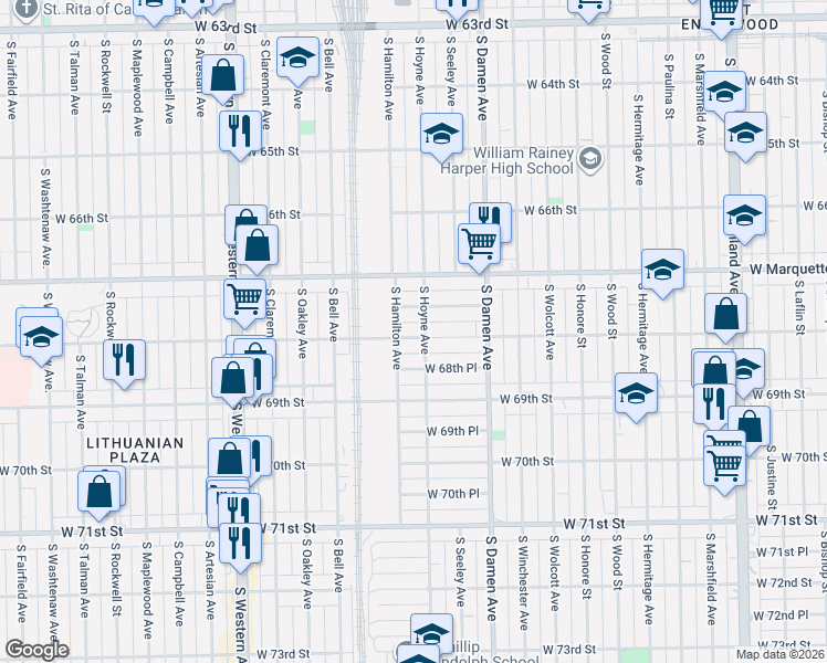map of restaurants, bars, coffee shops, grocery stores, and more near 2108 West 68th Street in Chicago