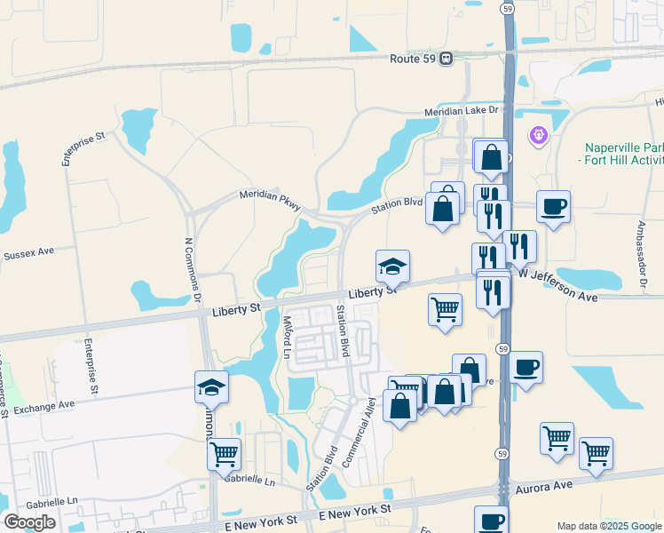 map of restaurants, bars, coffee shops, grocery stores, and more near 964 Station Boulevard in Aurora