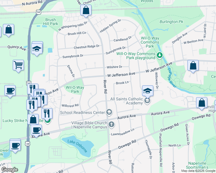 map of restaurants, bars, coffee shops, grocery stores, and more near 312 S River Rd in Naperville