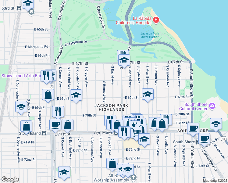 map of restaurants, bars, coffee shops, grocery stores, and more near 6837 South Euclid Avenue in Chicago