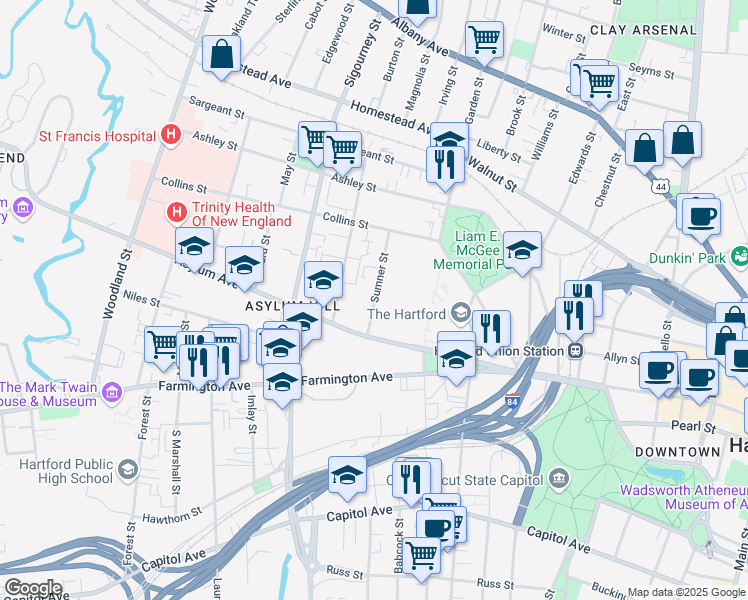 map of restaurants, bars, coffee shops, grocery stores, and more near 33 Sumner Street in Hartford