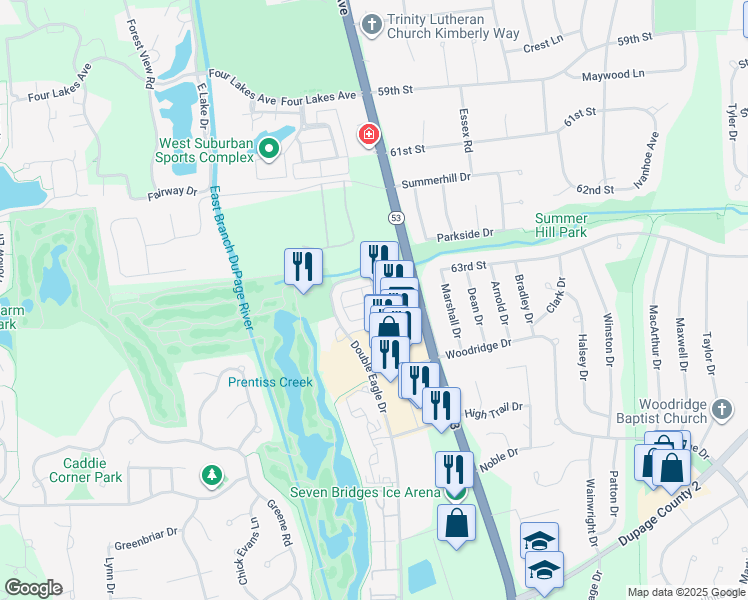 map of restaurants, bars, coffee shops, grocery stores, and more near 6316 Main Street in Woodridge